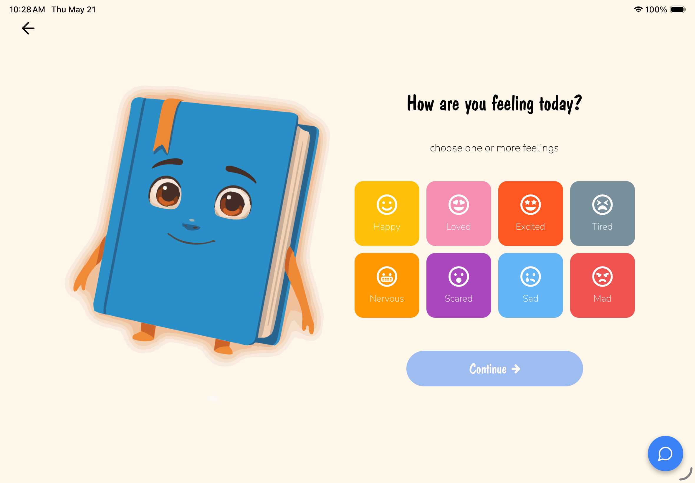Lumey feelings screen asking how are you feeling today with colorful emotion choices